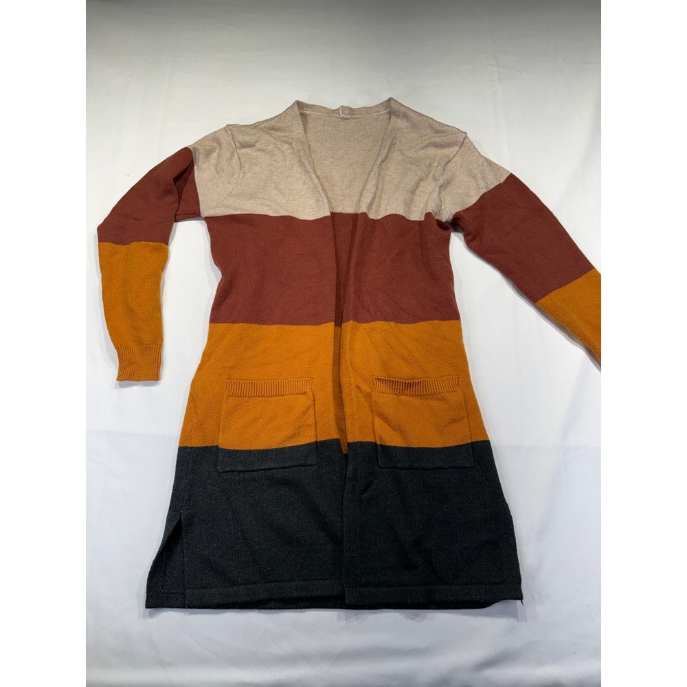 Colorblock Longline Open Front Cardigan Earth Tones Size L Pocketed Knit Sweater